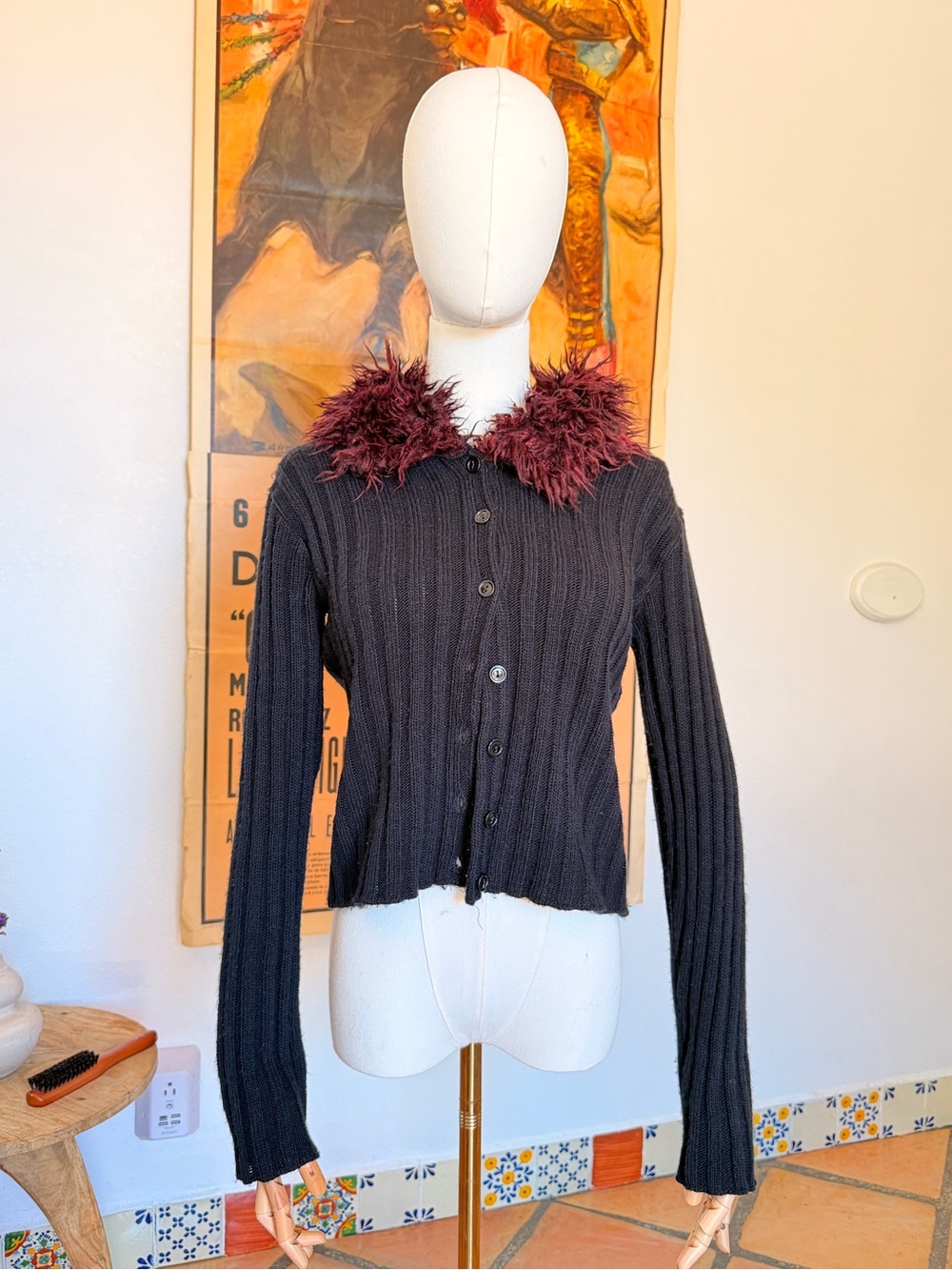 Vintage 90s Smooches Black Rib-Knit Button Cardigan Burgundy Faux Fur Collar M
